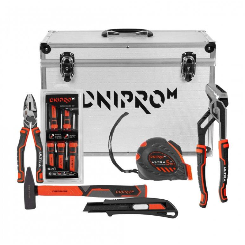 Кліщі Dnipro-M ULTRA 250 мм + Пасатижі ULTRA 185 мм + Молоток Ultra 500 г + Рулетка Ultra 5 м + Кейс MB-25W + Набір викруток 5 шт.